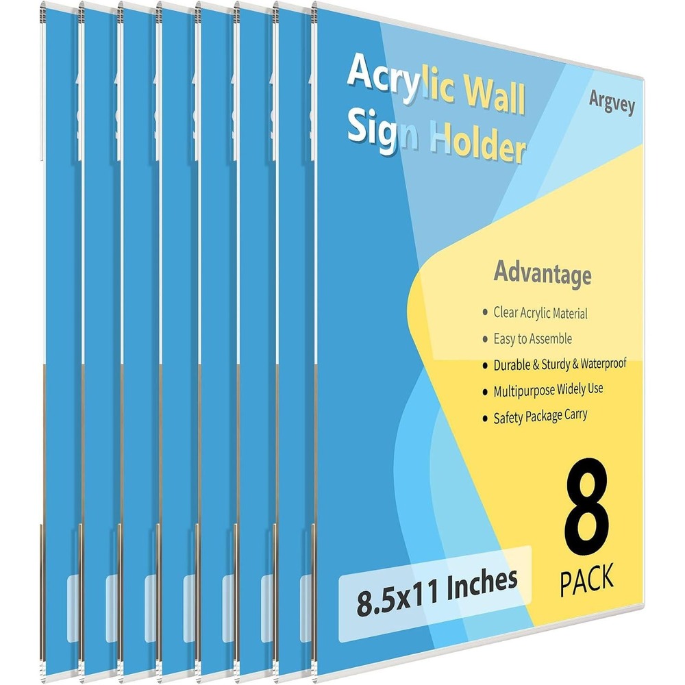 Pack of 8 Acrylic Sign Holder 8.5 x 11" Wall Mount Vertical, No Drilling Clear